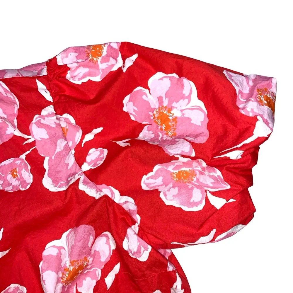 Old Navy Floral Wrap Blouse Puff Sleeves Large Red Cotton Lightweight V Neck